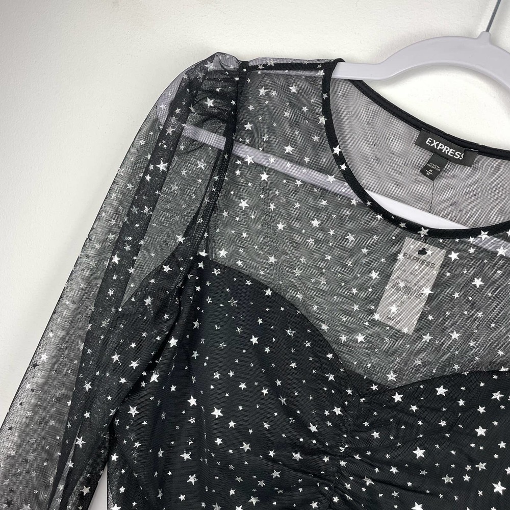 NEW Express Black Silver Metallic Stars Sheer Blouse Size Medium - Picture 3 of 6